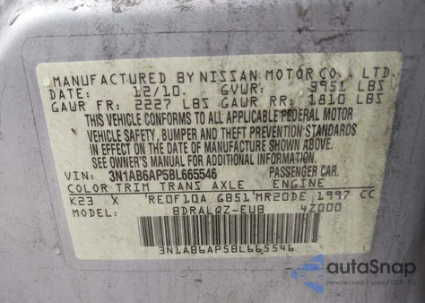 2011 Nissan Sentra 2.0 z USA, uszkodzony, nr VIN 3N1AB6AP5BL665546